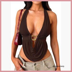 Polyester Halter Top with V-Neck and Open Back for Club Party